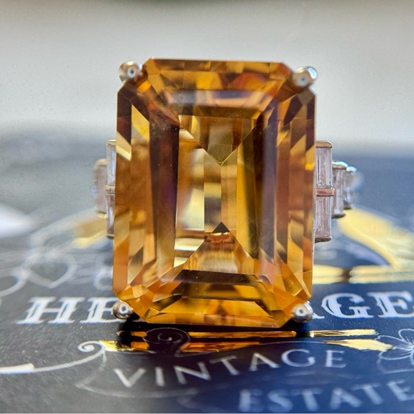 Large Citrine Emerald Cut Diamond Cocktail Ring 14k Yellow Gold - Picture 7 of 16